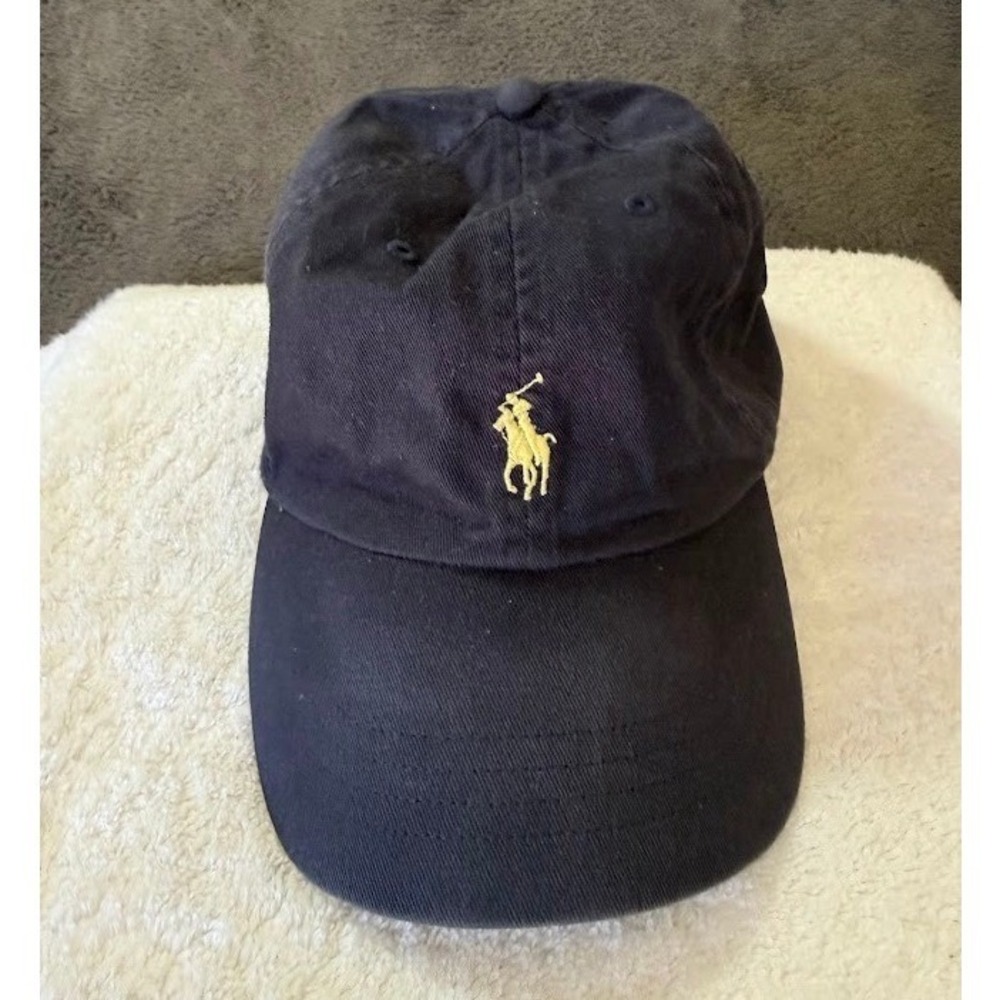 Polo Ralph Lauren Navy Blue Baseball Cap Yellow Pony Leather Strap Hat